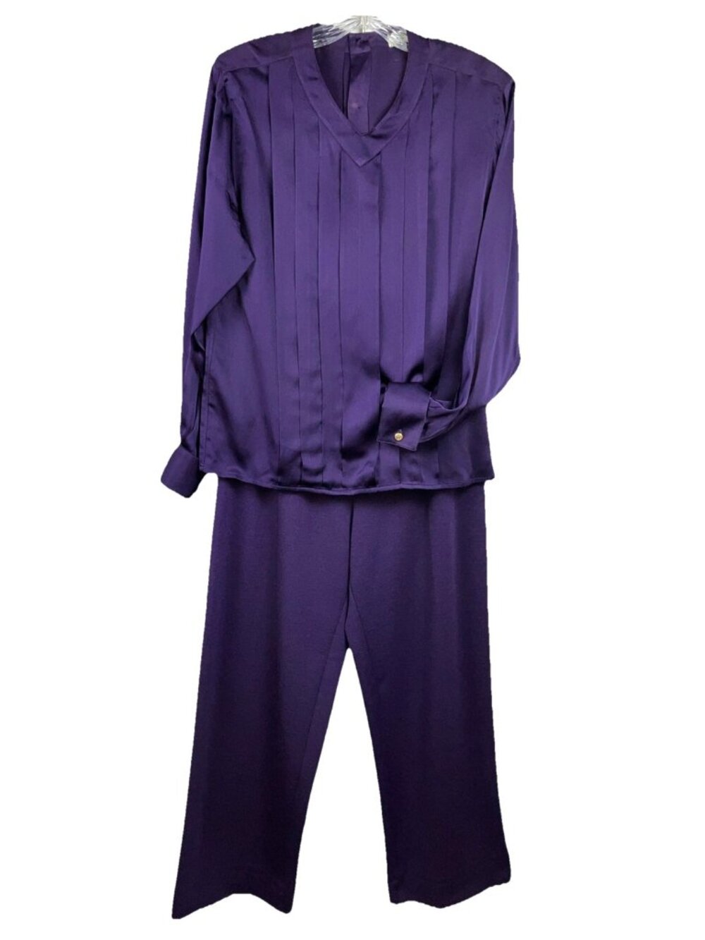 Vintage Chanel Purple Silk Pleat Blouse Cufflink Wide Leg Pants Evening Set Suit